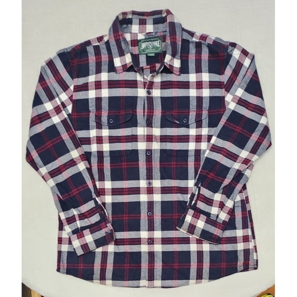 American Eagle Outfitters Vtg Flannel Button Front Plaid Navy Red Men's XL